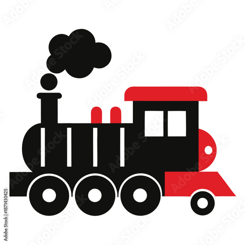 Stylized silhouette of a classic toy train releasing a puff of steam, ideal for vintage transport or holiday themes.