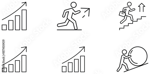 Business Icons: A collection of illustrative business icons, each depicting concepts of growth, progress, and overcoming challenges. The icons showcase concepts like progress, running forward.