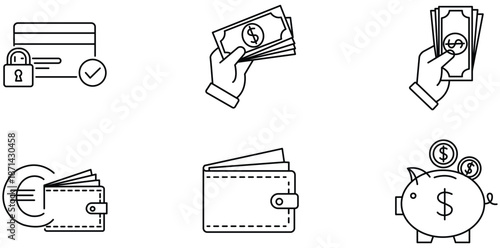 Banking and Finance Icons: A collection of simple, yet effective icons capturing essential aspects of banking, finance, and financial transactions. This array includes representations of credit cards.