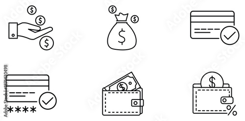 Financial Transactions: A collection of concise line art illustrations, visually representing various aspects of monetary transactions.