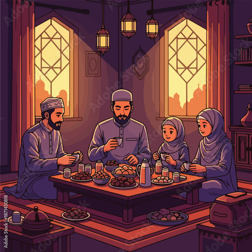 Muslim Family Breaking Fast Together During Ramadan Iftar Meal