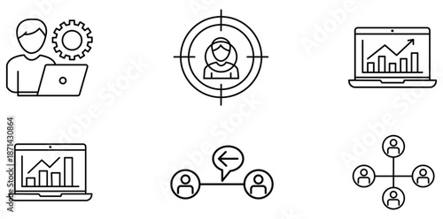 Icons of Business and Technology: A collection of concise icons illustrating business processes and technological concepts, ideal for web design and presentations.
