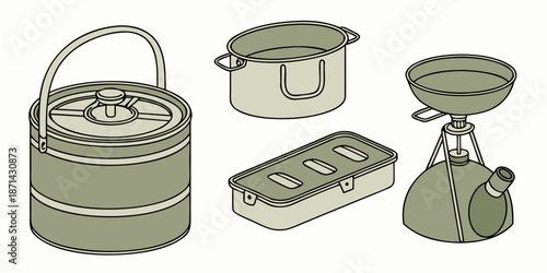 Isolated illustration of essential military style mess kit components including a stacking food container cooking pot and portable stove for outdoor use