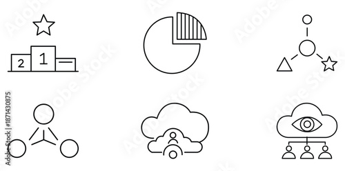 Line art icons for Business: A suite of sleek, monochrome icons offering visual metaphors for success, data, connection, and secure cloud storage