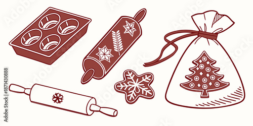 Collection of holiday baking tools including patterned rolling pins a muffin tin a snowflake cookie and a festive gift bag illustration