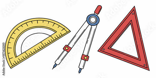 A collection of essential drafting and geometry tools including a yellow protractor a metal compass and a red triangle ruler isolated on white
