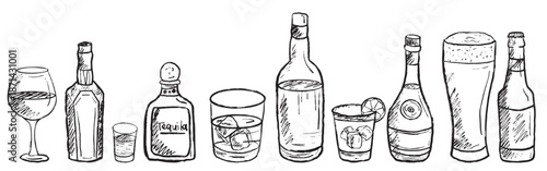 Hand drawn alcohol drinks in bottles and glasses for bar menu. Party invitation. Tequila, wine, beer, gin, brandy. Vector sketch illustration in vintage charcoal ink