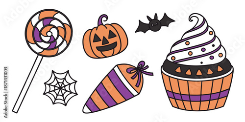 Cute collection of assorted Halloween themed treats including a lollipop pumpkin bat spiderweb candy bag and frosted cupcake illustration