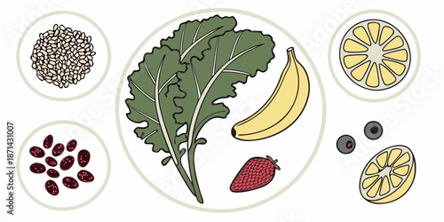 Colorful collection of fresh smoothie ingredients including green leafy kale banana strawberry blueberries and citrus slices for healthy eating