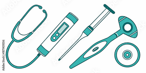 Collection of teal colored medical diagnostic instruments including a stethoscope digital thermometer syringe and tongue depressor representing healthcare