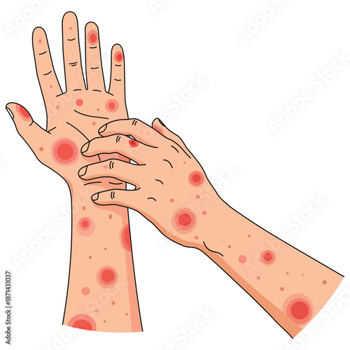 Skin Irritation and Redness: An illustration of a hand exhibiting redness, skin irritation, and the act of scratching. Depicting discomfort and skin issues.