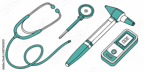 Collection of essential turquoise and white medical diagnostic instruments including a stethoscope otoscope and digital thermometer displayed for healthcare concepts