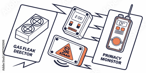 Illustration depicting wireless communication between a gas leak detector, a measurement device, a warning sensor, and a handheld monitoring radio for industrial safety concepts.