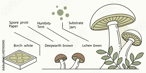 Diagram illustrating various components and color palette choices for successful mushroom cultivation, including spore prints and substrate jars