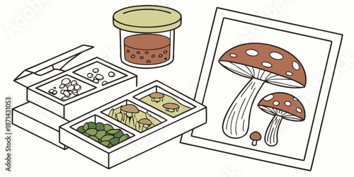 Illustration depicting mushroom cultivation supplies including various samples spores and growing media alongside a reference picture of mature fungi