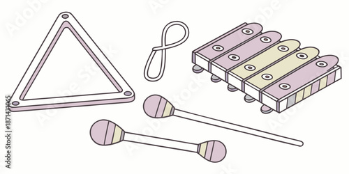 Illustration featuring essential musical percussion instruments including a small xylophone set a triangle and a pair of mallets ready for melody creation