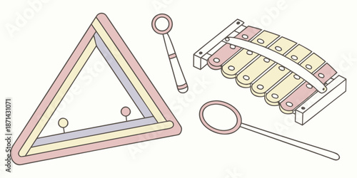 Collection of simple colorful musical percussion instruments perfect for early childhood music education and rhythmic play activities