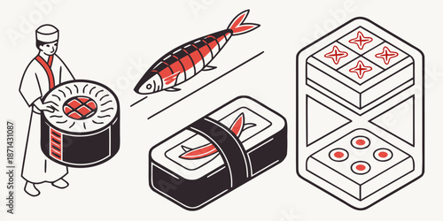 Stylized illustration featuring a sushi chef presenting a large maki roll alongside various sushi types and fresh fish in a minimalist isometric design aesthetic