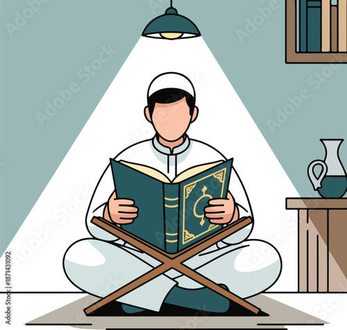 Muslim man reading the holy Quran during Ramadan for spiritual reflection