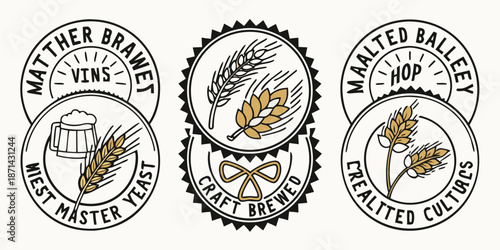 Collection of six vintage inspired circular emblems representing craft brewing ingredients like malt, hops, yeast, and the process of making artisanal beverages.