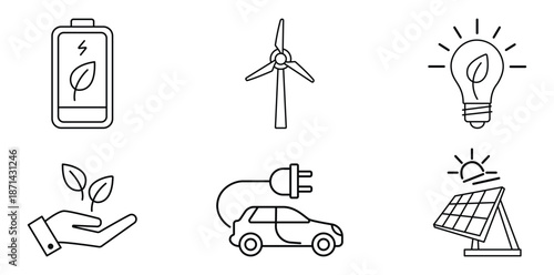 Eco-Friendly Icons: A visual collection of minimalistic line art icons representing eco-friendly initiatives, sustainable practices, and renewable energy solutions.