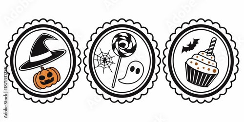 Collection of three festive black and white circular icons featuring classic Halloween elements like a witch hat, pumpkin, sweets, ghost, and cupcake design.