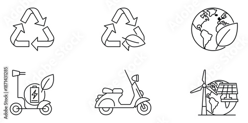 Green Planet: Illustrative icons conveying environmental consciousness, featuring recycling symbol, eco-friendly energy, and sustainable transport options. 