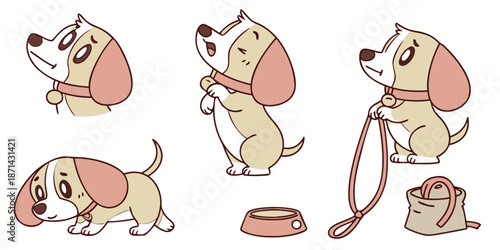 Adorable cartoon puppy illustrations display various common behaviors and essential pet accessories like a leash and food bowl