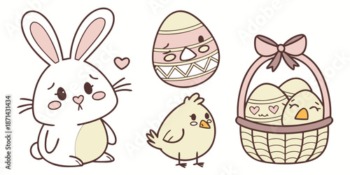 Adorable collection of cute easter bunny chick and decorated eggs featuring a charming basket design perfect for springtime celebration graphics