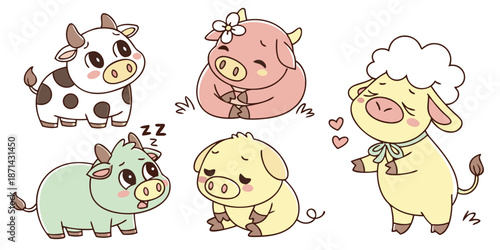 Collection of adorable cartoon baby cows and pigs displaying various cute emotions like sleeping loving and sleepy expressions