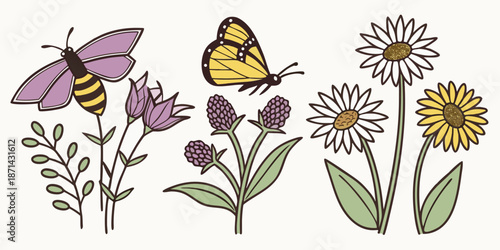 Charming collection of stylized springtime wildflowers featuring a bumblebee and a monarch butterfly interacting gently with blossoms