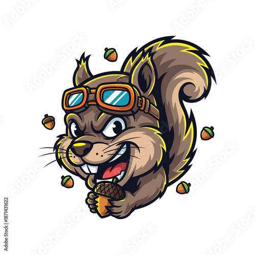 Squirrel Wearing Aviator Goggles and Holding Acorn.