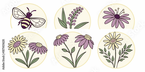 Adorable set of six circular icons featuring stylized hand drawn purple coneflower bees and various botanical elements perfect for natural themes