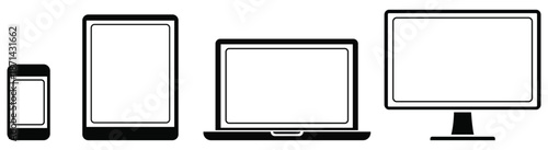 Digital Device Array: A minimalist illustration of a digital ecosystem with a smartphone, tablet, laptop, and desktop monitor, creating a cohesive set.