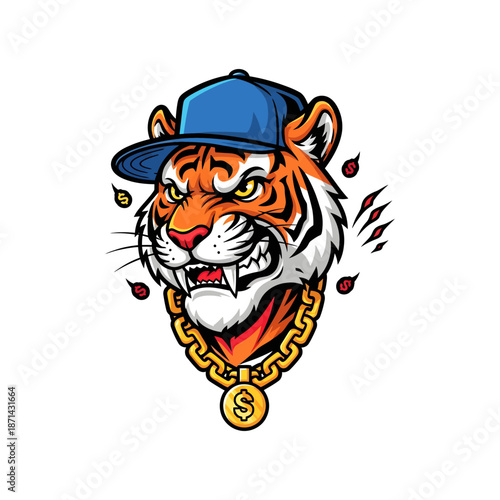 Tiger Wearing Baseball Cap and Gold Chain.
