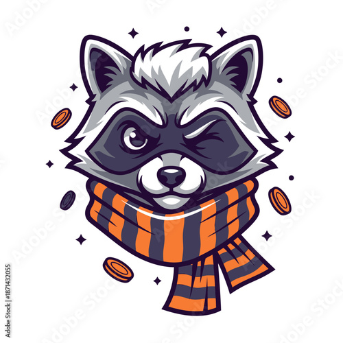 Cartoon Raccoon Wearing Orange Scarf Illustration.