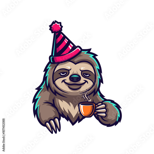 Cartoon Sloth Celebrating with Coffee Cup.