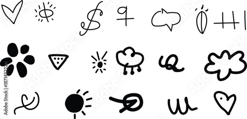 Hand drawn doodles and symbols on a white background