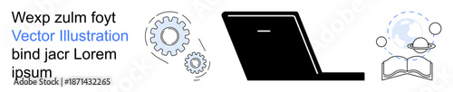 Education, global communication, remote learning, technology, productivity, innovation. Abstract visuals of a laptop, gears a globe and a book. Technology and education concepts