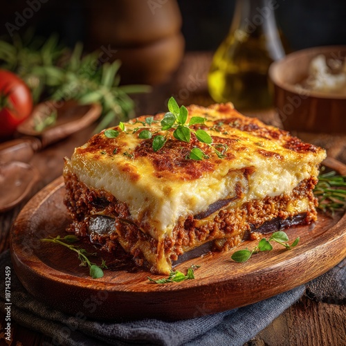 deliciously baked moussaka on a wooden plate, crispy golden-brown cheese topping, visible rich layers of meat and vegetables, garnished with fresh herbs, warm natural lighting highlight