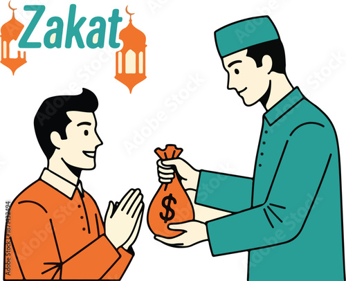 Zakat Donation Islamic Concept Man Giving Money Bag to Another Man