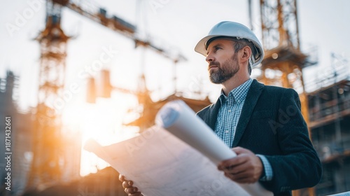 focused architect reviewing blueprints on a modern construction site, wearing safety helmet and professional attire, holding rolled plans, symbolizing engineering precision