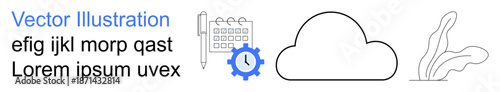 Cloud computing, scheduling tools, automation systems, digital storage, workflow organization, modern tech. Gear with a clock, calendar cloud abstract shapes. Cloud computing and scheduling tools
