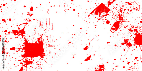 A red grunge vector illustration featuring a blood splatter and ink drip pattern with liquid paint splashes, dirty stains, and artistic spray drops on a textured crimson background