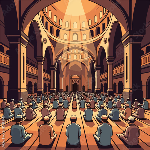 Muslims Praying Inside a Grand Mosque During Ramadan