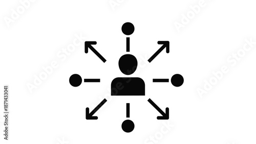 A simplified black icon depicting a central figure with radiating arrows and surrounding dots