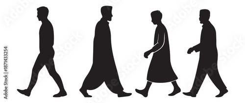 Silhouettes of Men Walking in Various Attire, Profile View Group of People Vector