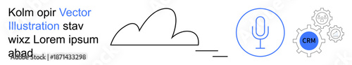 Cloud computing, voice technology, CRM, digital tools, data management, efficiency. Minimalist cloud shape, microphone and CRM gears icon. Cloud computing and voice technology theme