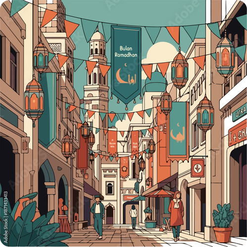 Ramadan street decoration with lanterns and banners celebrating the holy month