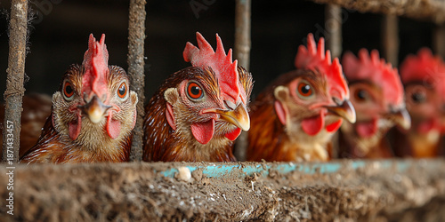 Chickens in rural pens waiting for health check Generative AI